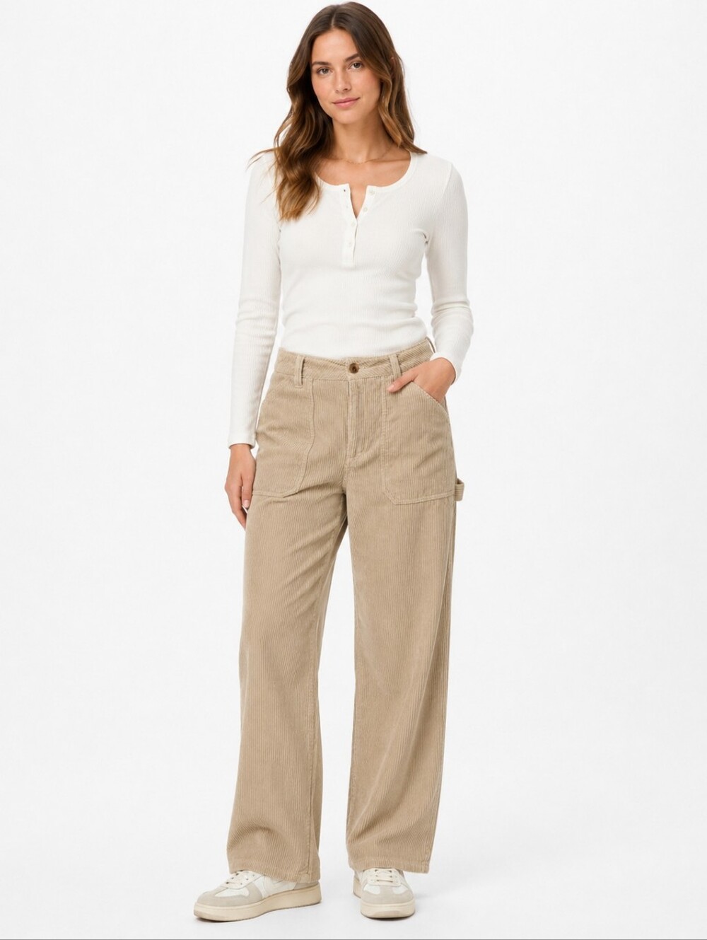 twik Beige Wide Leg Corduroy Pants Women's Medium High Rise Utility Carpenter
